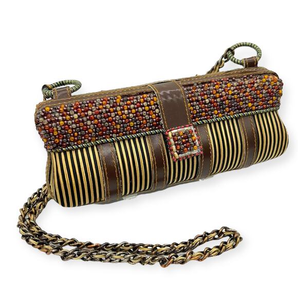Mary Frances Vintage Beaded Baguette Hard Shell Shoulder Handbag Brown Gold Tan - Picture 14 of 14
